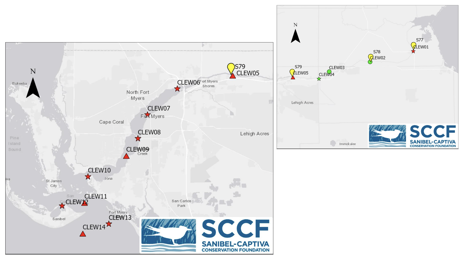 A grey-scale map with red stars indicating CLEW sites.